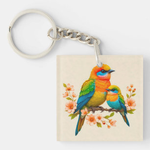 Colourful Birds Perched on a Branch Key Ring
