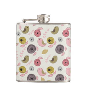 Colourful Birds Pink Green Chicks Girly Hip Flask