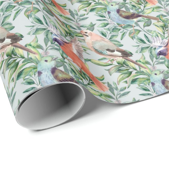 Colourful Birds & Snowberries with Blue Background Wrapping Paper (Roll Corner)
