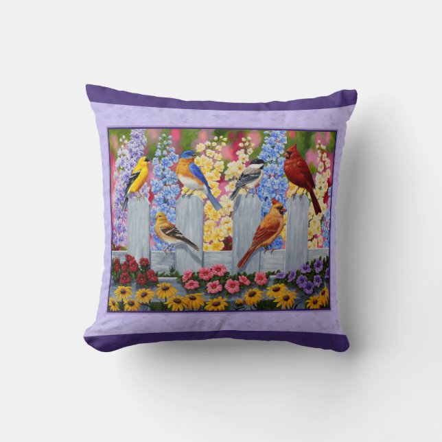 Colourful Birds Spring Garden Purple Cushion (Front)