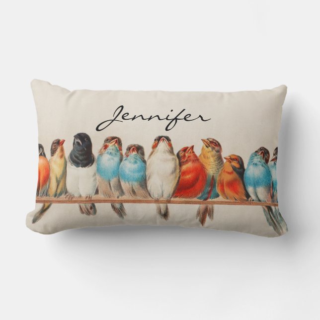 Colourful Birds Vintage Custom Name Lumbar Cushion (Front)