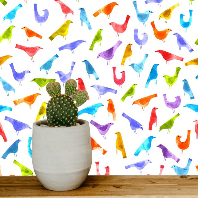 Colourful Birds Watercolor Art Wallpaper (Bright rainbow hued bird pattern wallpaper)