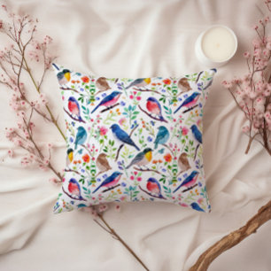 Colourful Birds & Whimsical Flowers Pattern Cushion
