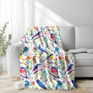 Colourful Birds & Whimsical Flowers Pattern Fleece Blanket