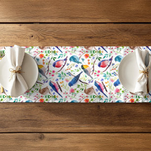 Colourful Birds & Whimsical Flowers Pattern Short Table Runner
