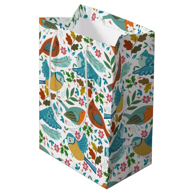 Colourful birds with winter and Christmas symbols Medium Gift Bag (Back Angled)