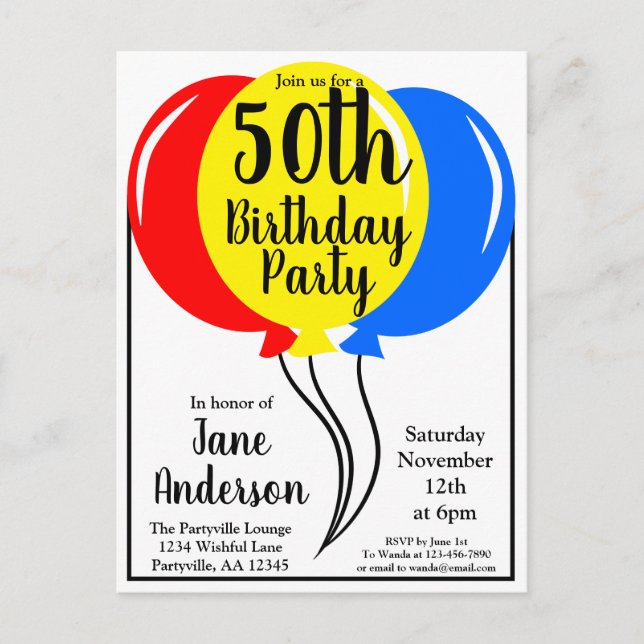 Colourful Birthday Balloons Fifth Invitation Postcard (Front)
