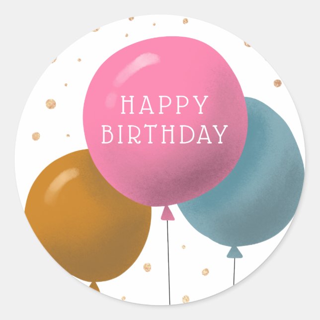 Colourful Birthday Balloons Gold Glitter Confetti Classic Round Sticker (Front)