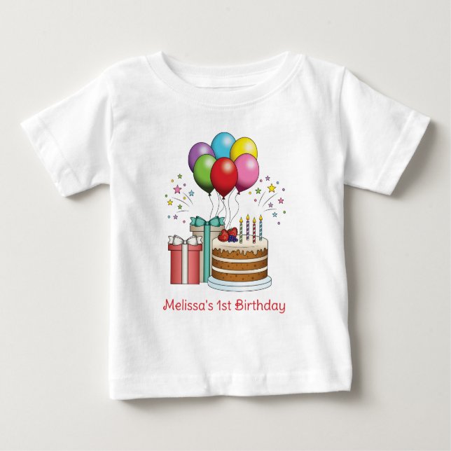 Colourful Birthday Balloons With Cake And Presents Baby T-Shirt (Front)