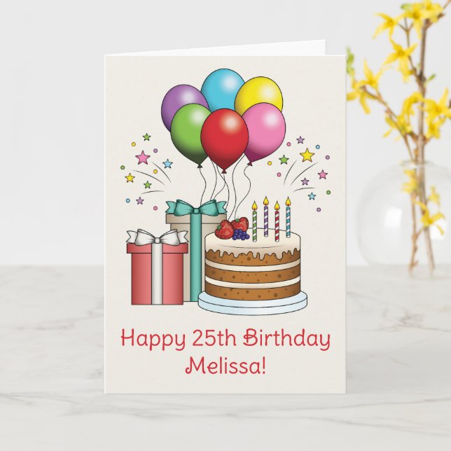 Colourful Birthday Balloons With Cake And Presents Card (Yellow Flower)