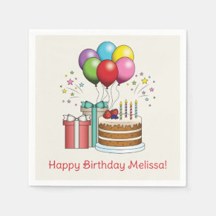 Colourful Birthday Balloons With Cake And Presents Napkin