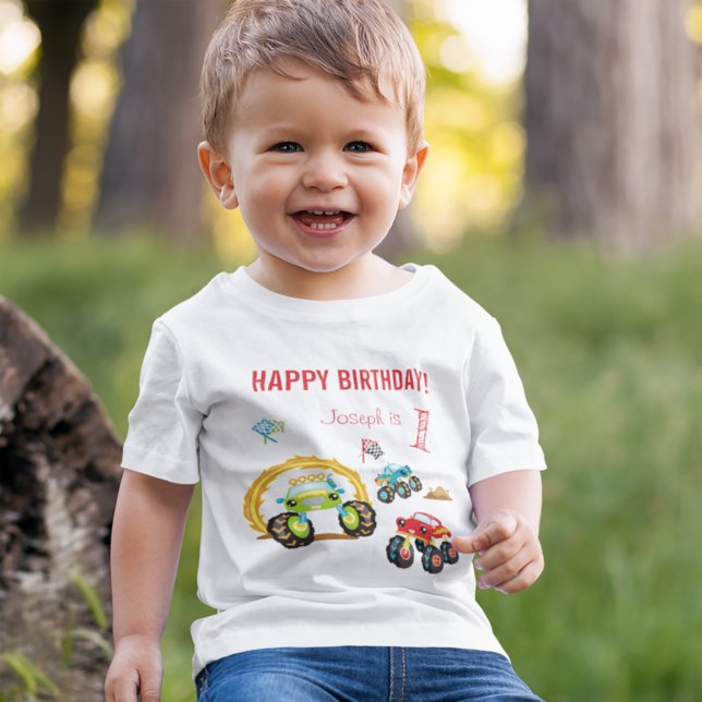 Colourful Birthday Boy Monster Trucks with Name Ag Baby T-Shirt (Creator Uploaded)