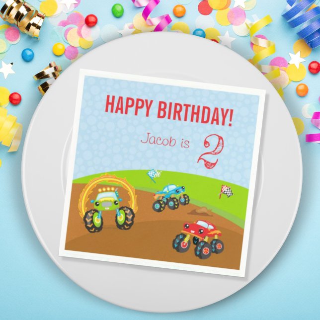 Colourful Birthday Boy Monster Trucks with Name Ag Napkin (Creator Uploaded)