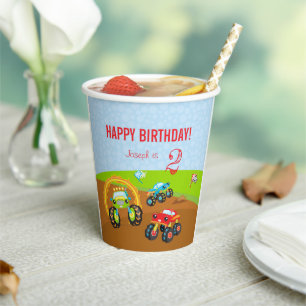 Colourful Birthday Boy Monster Trucks with Name Ag Paper Cups