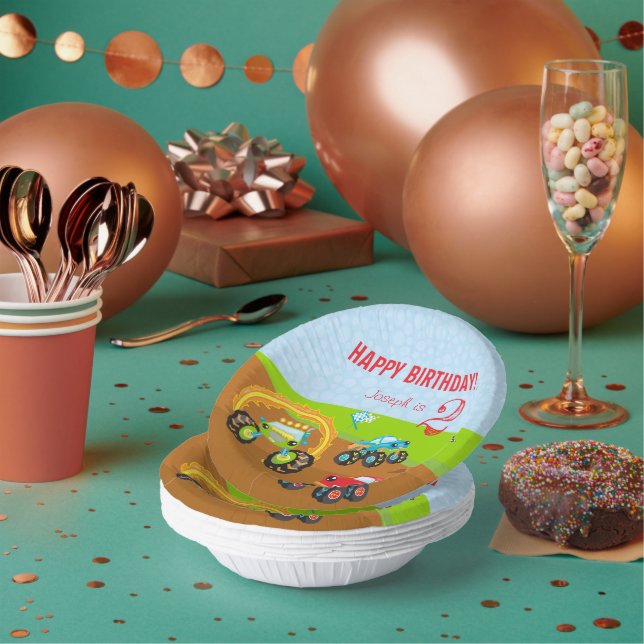 Colourful Birthday Boy Monster Trucks with Name Ag Paper Plate (Multi)