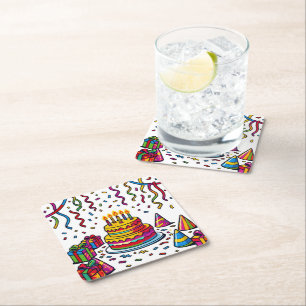 Colourful Birthday Cake Party Celebration Square Paper Coaster