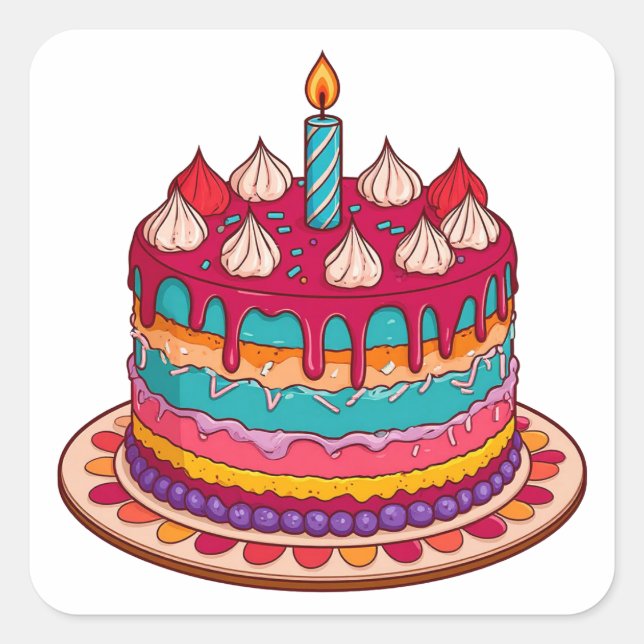 Colourful Birthday Cake with Candle Square Sticker (Front)