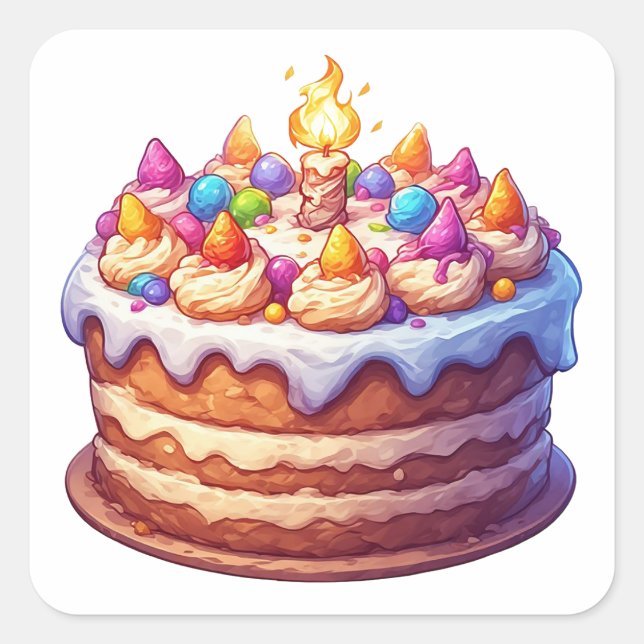 Colourful Birthday Cake with Candle Square Sticker (Front)