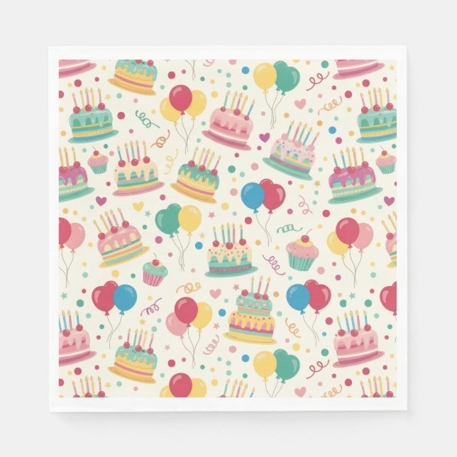 Colourful Birthday Cakes and Balloons Paper Napkin (Front)