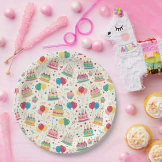 Colourful Birthday Cakes and Balloons Paper Plates