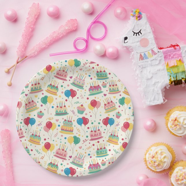 Colourful Birthday Cakes and Balloons Paper Plates (Party)