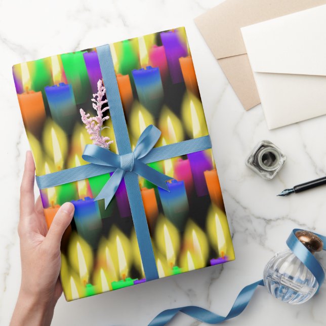 Colourful Birthday Candles on Black  Wrapping Paper (Gifting)