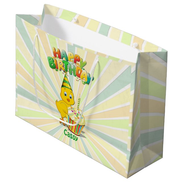 Colourful Birthday Chicken Cartoon Large Gift Bag (Front Angled)