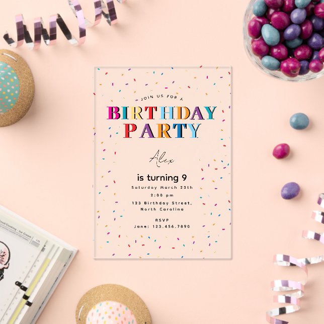 Colourful Birthday Party Confetti Birthday Acrylic Invitations (Insitu (Celebration))