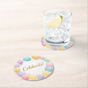 Colourful Birthday Party Drink Coaster, Festive Round Paper Coaster