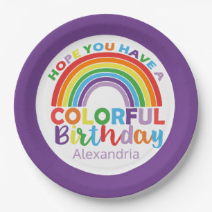 Colourful Birthday Rainbow Personalised Kids Girly Paper Plate