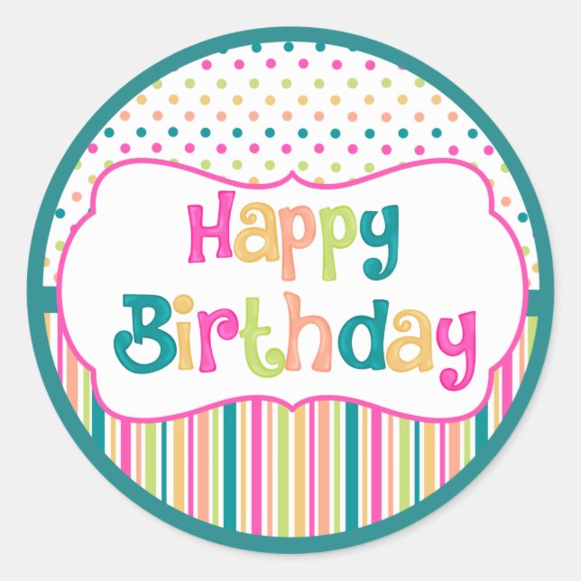 Colourful birthday round stickers (Front)