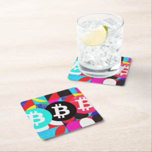 Colourful Bitcoin Pattern Square Paper Coaster