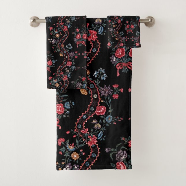 Colourful Black Bohemian Floral Bath Towel Set (Insitu)