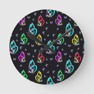 Colourful Black Butterfly Pattern Design Round Clock