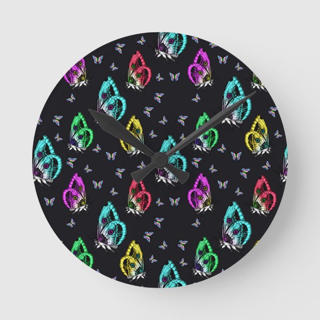 Colourful Black Butterfly Pattern Design Round Clock (Front)