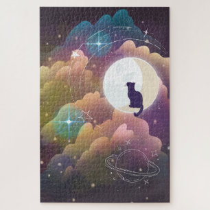 Colourful Black Cat Crescent Moon Jigsaw Puzzle