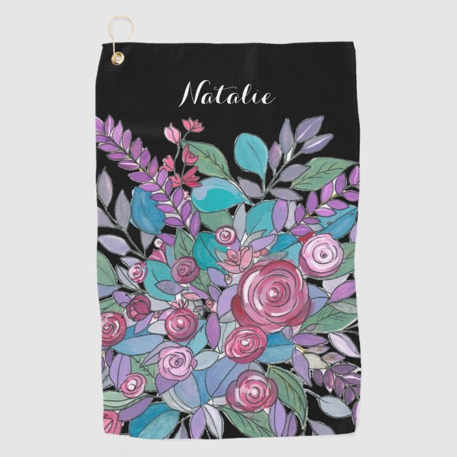 Colourful Black Floral Ladies Golf Golf Towel (Front)