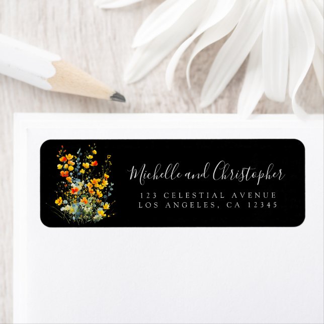 Colourful Black Floral Wedding Return Address Label (Insitu)
