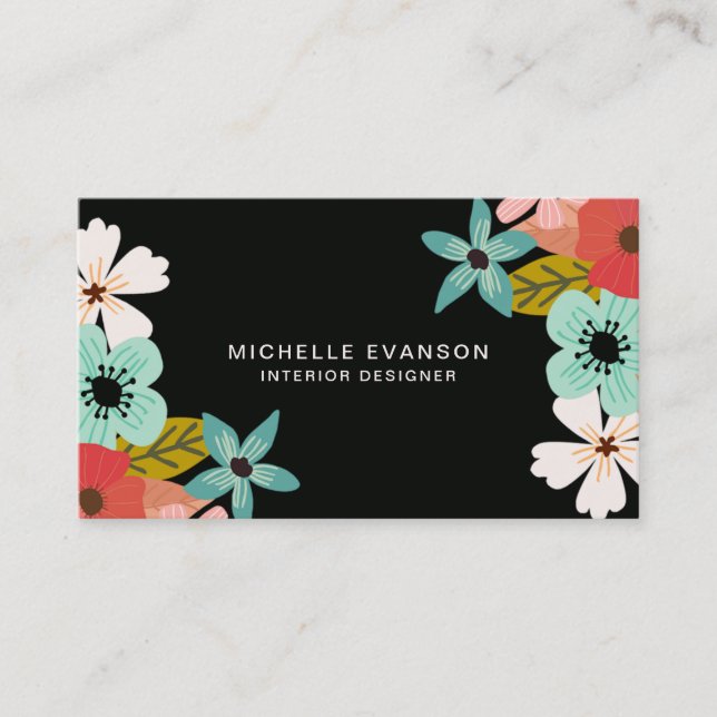 Colourful Black Flowers Modern Florist Business Card (Front)