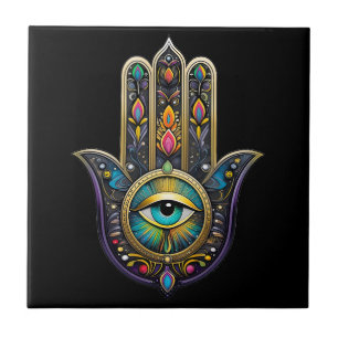 Colourful Black Gold Hamsa w/ Turquoise Third Eye Ceramic Tile