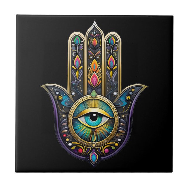 Colourful Black Gold Hamsa w/ Turquoise Third Eye Ceramic Tile (Front)