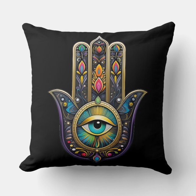 Colourful Black Gold Hamsa w/ Turquoise Third Eye Cushion (Front)