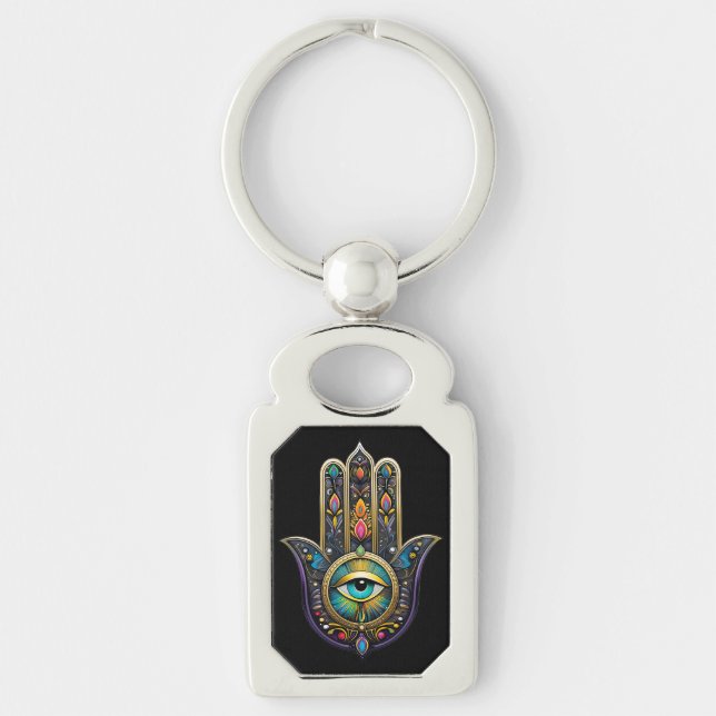 Colourful Black Gold Hamsa w/ Turquoise Third Eye Key Ring (Front)