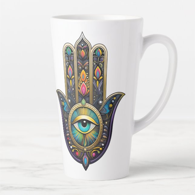 Colourful Black Gold Hamsa w/ Turquoise Third Eye Latte Mug (Right)