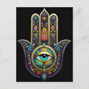 Colourful Black Gold Hamsa w/ Turquoise Third Eye Postcard