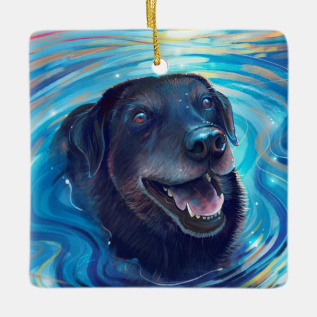 Colourful Black Labrador Painting Dog Christmas Ceramic Ornament (Front)