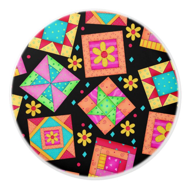 Colourful Black Quilt Patchwork Block Art Ceramic Knob (Front)