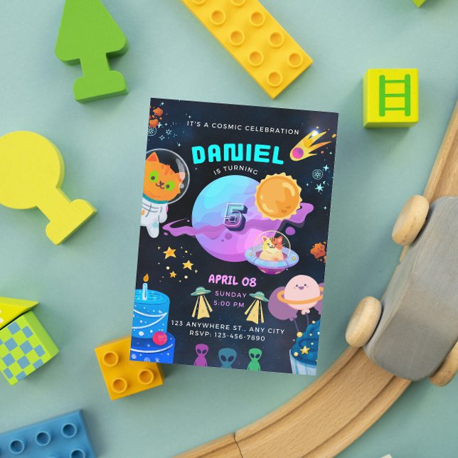 Colourful Black Space birthday invitation (space kid birthday invitation )