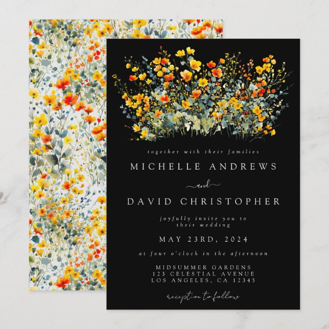 Colourful Black Summer Floral Wedding Invitation (Front/Back)