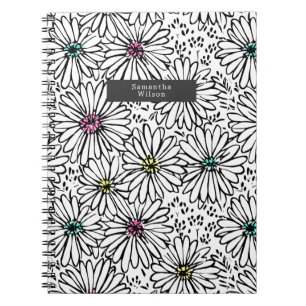 Colourful Black + White Daisies Pattern  Notebook